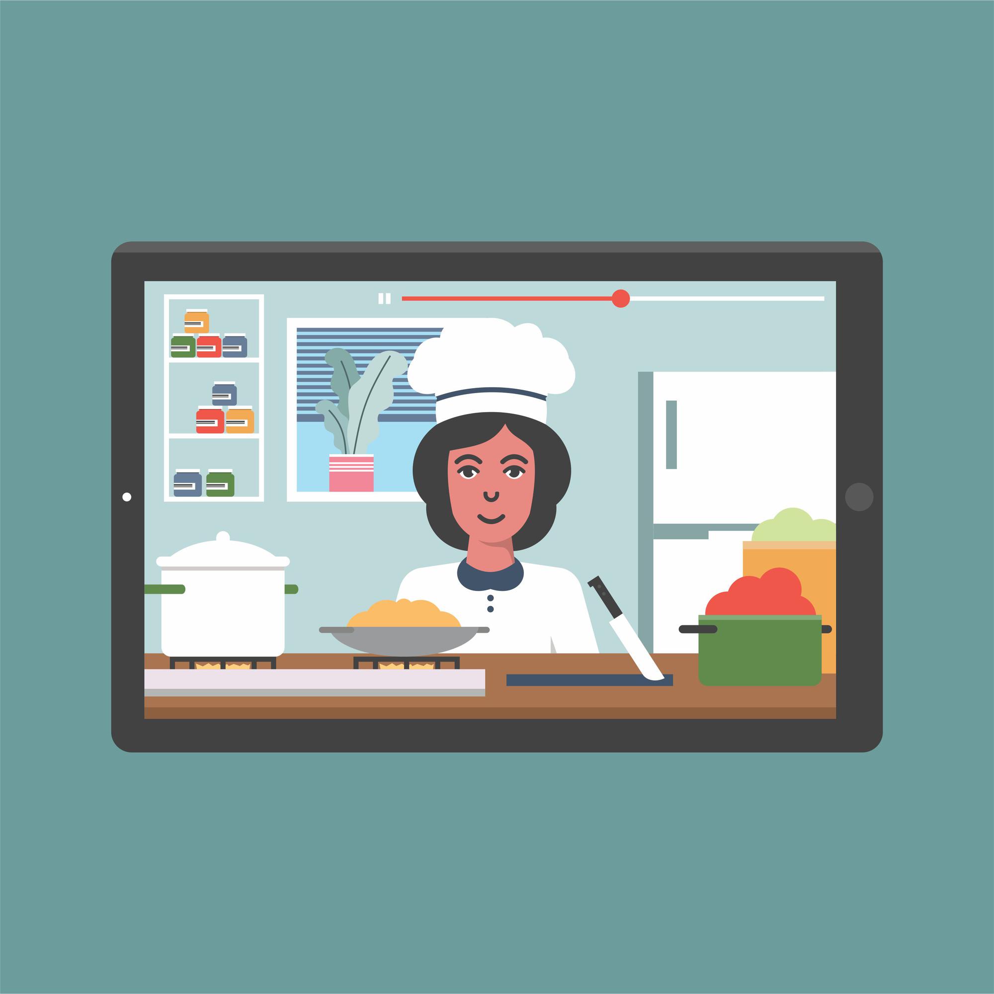 Chef in sessione di consulenza online con tablet